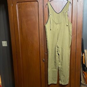 Olive Green Overalls, oversized small, v neckline